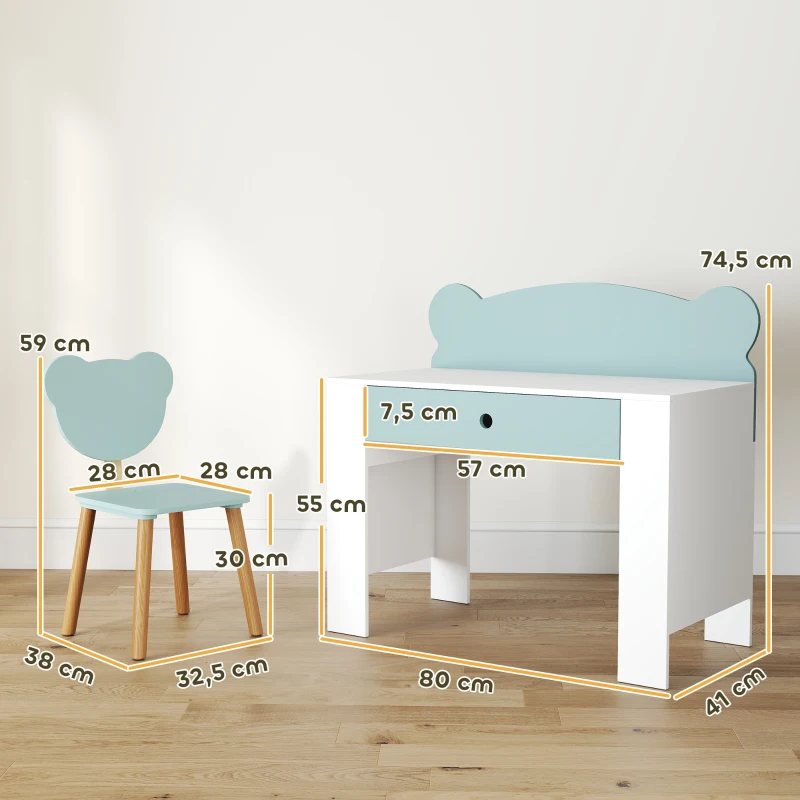 AIYAPLAY Bureau enfant avec chaise, table enfant et chaise avec tiroir et large plateau, 80 x 41 x 74,5 cm, vert