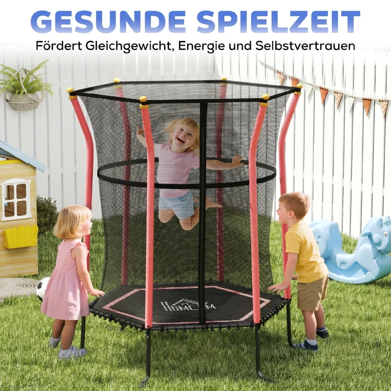 HOMCOM Trampolin für Kinder, 122 x 111 cm, mit Sicherheitsnetz, gepolstert, Stahl, belastbar bis 50 kg, Schwarz & Rot