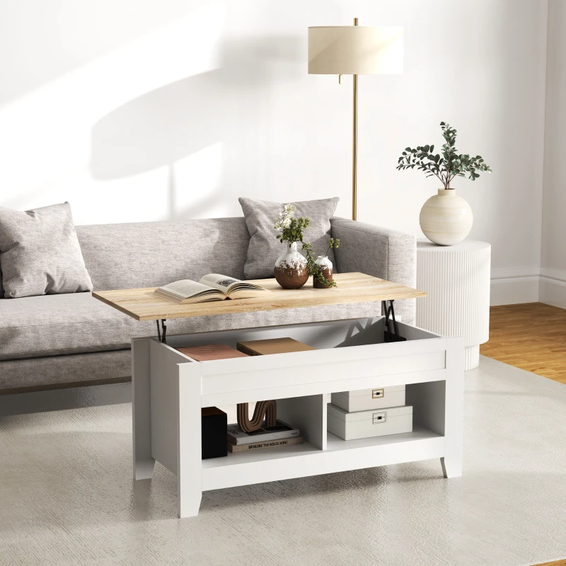 HOMCOM Table basse plateau relevable, table de salon avec étagères et compartiment caché,105 x 50 x 49-62,5 cm blanc