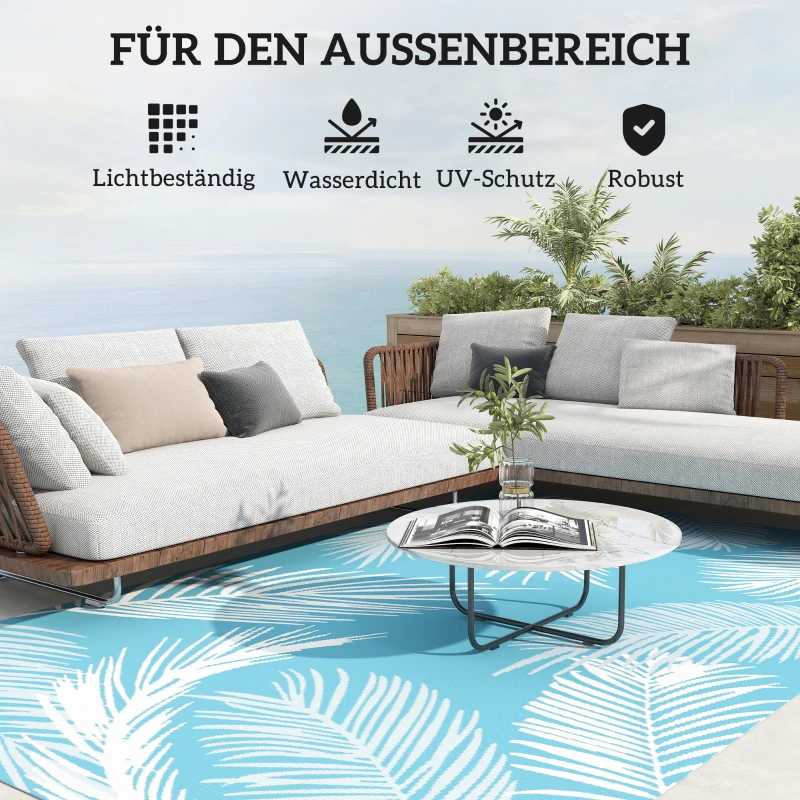Outsunny Outdoor Teppich wendbarer robuster Wetterfest Outdoorteppich mit Tragetasche Bodenankern 274 x 182 cm Hellblau+Weiß
