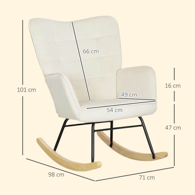 HOMCOM Chaise à Bascule, rembourrage épais, large dossier, hêtre/cadre en acier, jusqu'à 120 kg, Beige