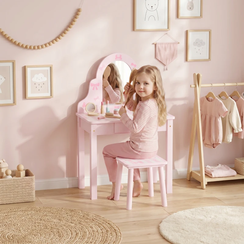AIYAPLAY Set coiffeuse enfant 2-en-1 coiffeuse bureau avec tabouret miroir amovible tiroir pour filles 3-6 ans Rose