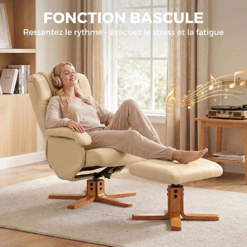 HOMCOM Fauteuil relax avec repose-pied fauteuil de relaxation pivotant 360° dossier inclinable charge 120 Kg beige