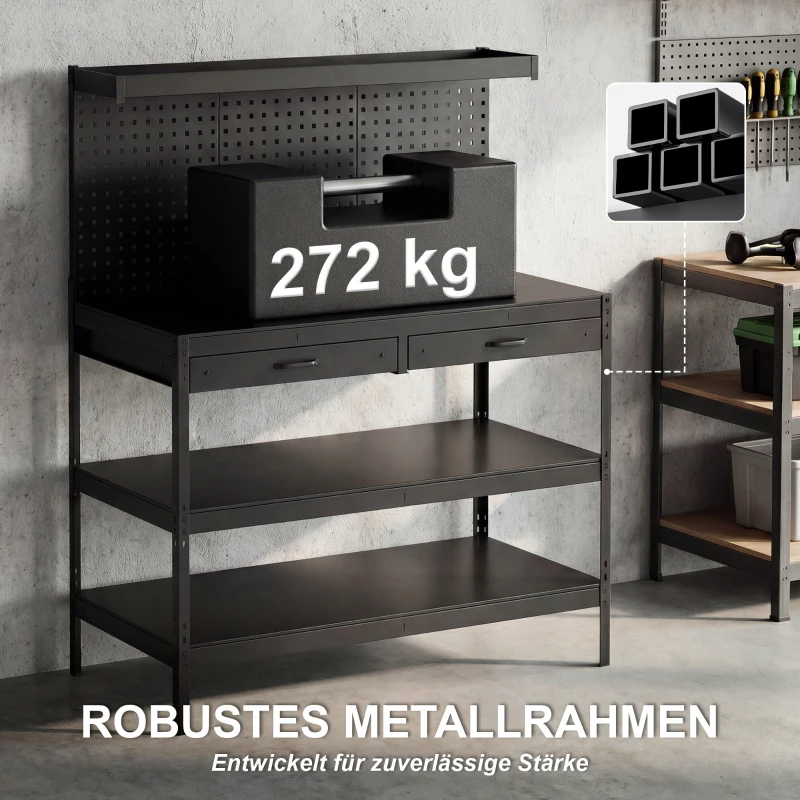 HOMCOM Werkbank mit verstellbaren Regalen, robuste Arbeitsstation mit Lochwand und 2 Schubladen, 122 x 61 x 156 cm, Schwarz