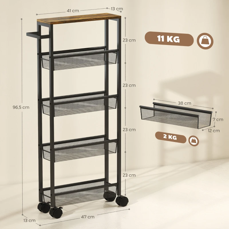 HOMCOM Keukentrolley serveertrolley 5 niveaus, rolwagen keukenrek met werkblad, wielen & greep, 47 x 13 x 96,5 cm, zwart