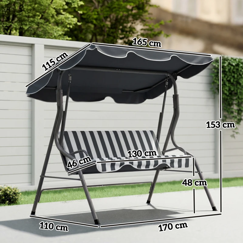 Outsunny Balancelle de Jardin 3 Places Toit imperméabilisé Inclinaison réglable Coussins Assise Dossier gris, blanc rayé