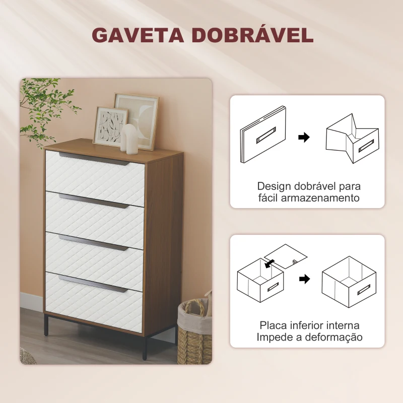 HOMCOM Cómoda com 4 Gavetas de Tecido Frentes com Padrão de Diamante Móvel de Arrumação 59,5,5x30x92,5 cm Madeira e Branco