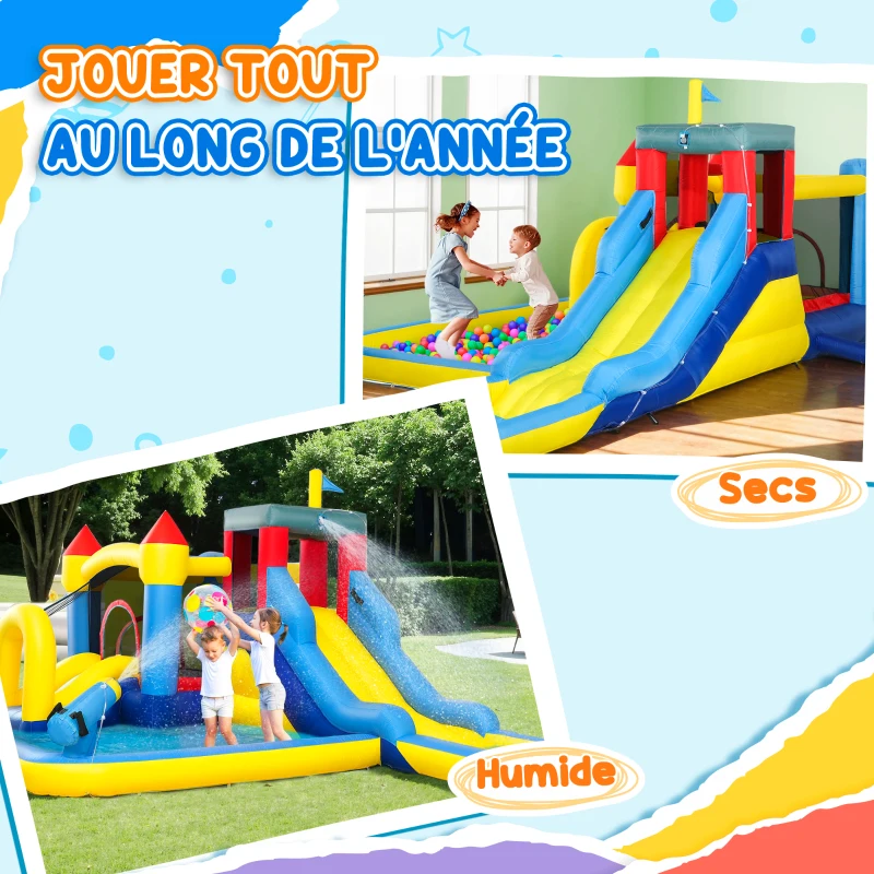 AIYAPLAY Château gonflable avec soufflerie parc aquatique toboggans, trampoline, mur d'escalade, canon, panier de basket