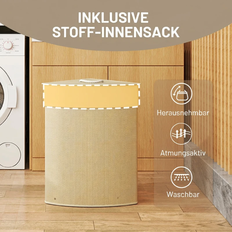 HOMCOM Wäschekorb im Eckdesign, Bambusgeflecht, 55 Liter, Stoffbeutel, Metallrahmen, Creme