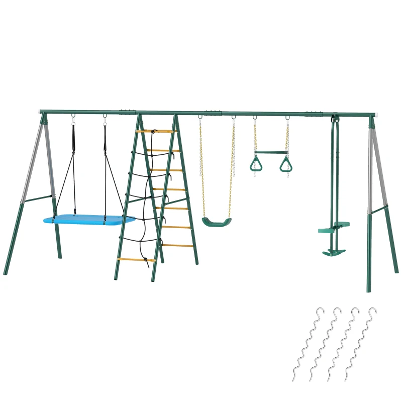 AIYAPLAY 5-in-1 Schaukelgestell mit verstellbarer Nestschaukel Turnringe Doppelsitzer Klettergerüst für 3-8 Jahre 440x175x203 cm