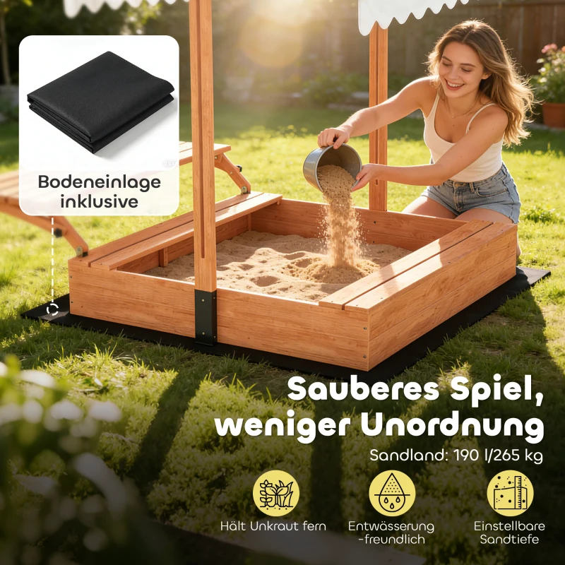 AIYAPLAY Sandkasten mit Dach Sandkiste aus Holz mit klappbarem Picknicktisch Sitzbänken für 3-8 Jahre 184 x 110 x 120 cm Braun