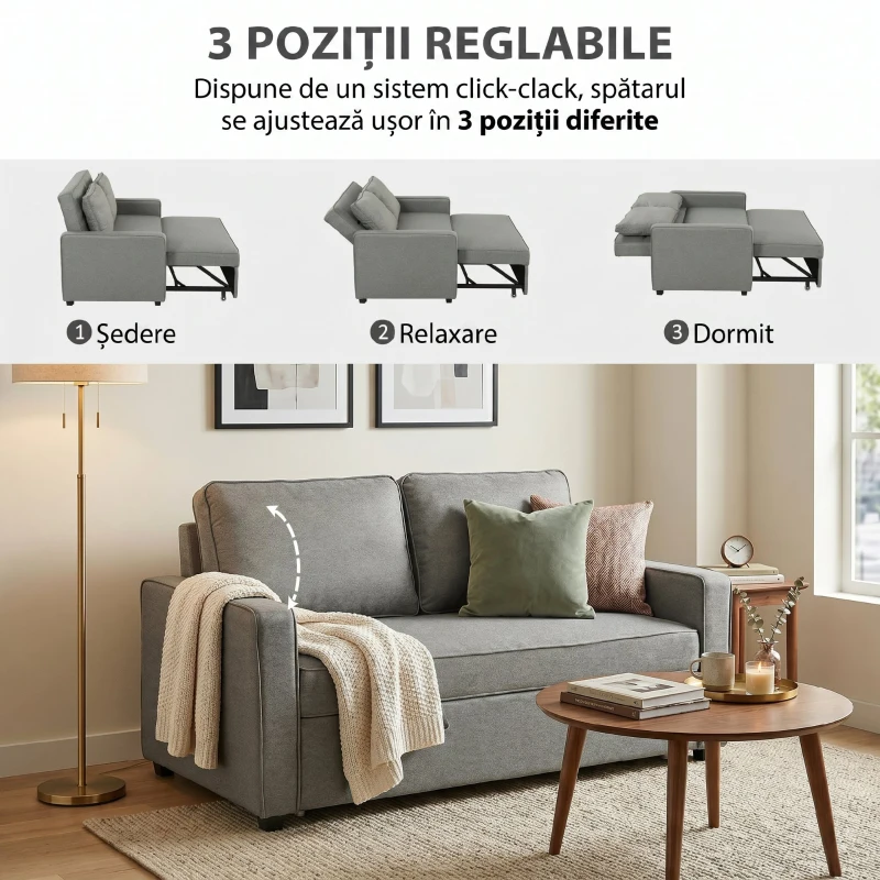 HOMCOM 3 în 1 Canapea Extensibilă 2 Locuri cu Spătar Reglabil pe 3 Poziții, 2 Perne, Material Textil Tip In Gri
