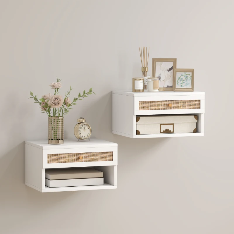 HOMCOM Lot de 2 tables de chevet murales tiroir coulissant, niche, plateau - en bois dim. 40L x 34l x 23H cm