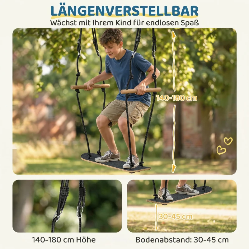 AIYAPLAY Skateboard Schaukel Kinderschaukel mit verstellbarer Höhe, rutschfestem Brett, wetterfestem Seil, Griffen Schwarz