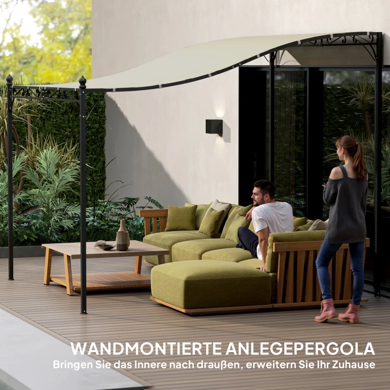 Outsunny 3 x 2,5 m pergola, wandgemonteerde tuinpergola, waterbestendig, metalen frame, afvoergaten, schaduwdoek, crèmewit