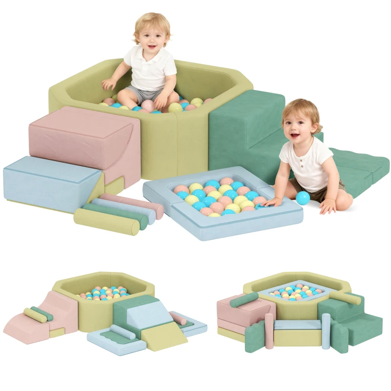 AIYAPLAY 15-teiliges Softbaustein-Set, 200 Kunststoff-Bälle, Bällebad für Kleinkinder, Indoor, Schaumstoff, Bunt