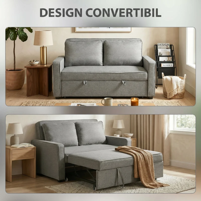 HOMCOM 3 în 1 Canapea Extensibilă 2 Locuri cu Spătar Reglabil pe 3 Poziții, 2 Perne, Material Textil Tip In Gri