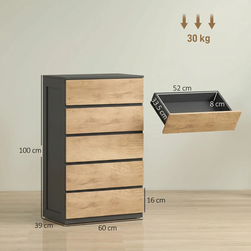 HOMCOM Comodă cu 5 Sertare din Lemn, cu Șine Metalice și Mânere Decupate, 60x39x100 cm