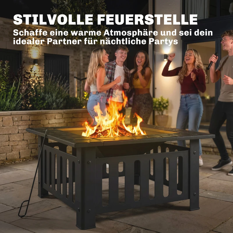Outsunny Vuurschaal van Staal - Vuurkorf met Vonkenscherm en Pook - Voor Outdoor BBQ of Camping - 67x67x47cm - Zwart