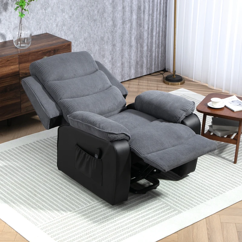 HOMCOM Aufstehsessel mit weichem Cordbezug, Recliner-Sessel mit Fernbedienung und Seitentaschen, Dunkelgrau