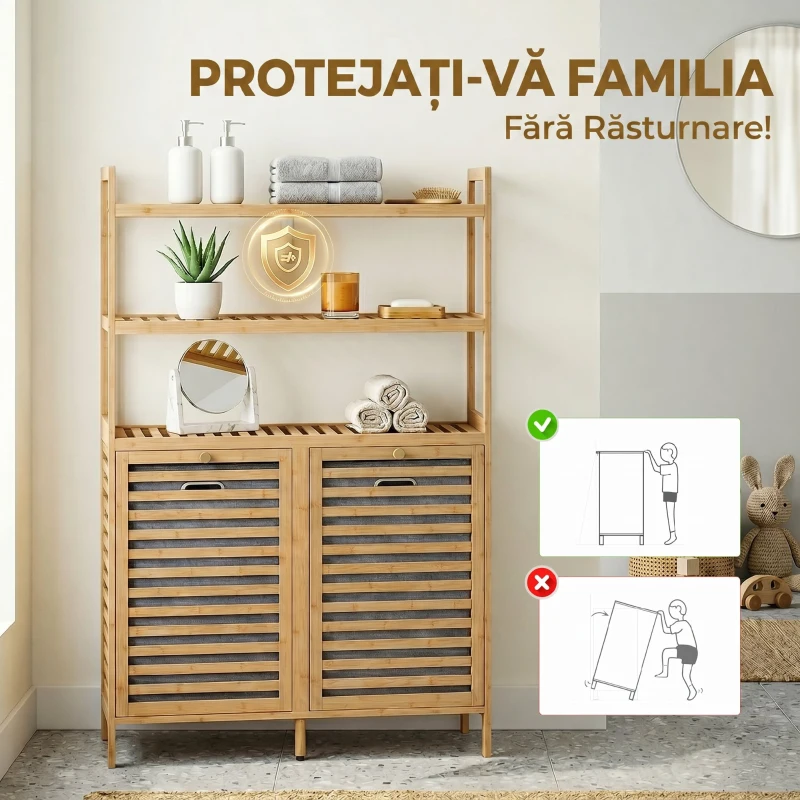 HOMCOM Dulap pentru Rufărie Dublu Rabatabil, Bambus, 2 Coșuri, 3 Rafturi, Culoare Stejar