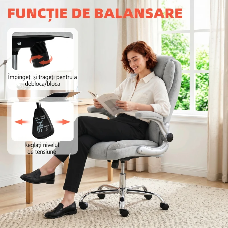 Scaun Ergonomic HOMCOM, Spătar Înalt, Tapițat în Catifea Imprimată, Cotiere Rabatabile, Alb Crem
