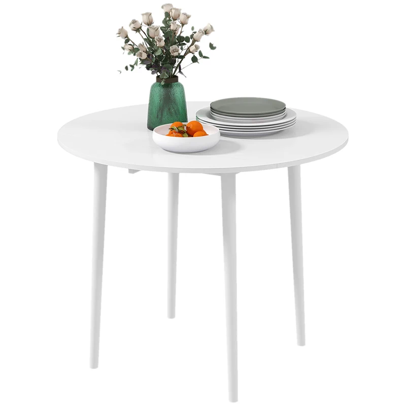 HOMCOM Folding Dining Table for 4, Round Drop Leaf Table, Modern Space Saving Small Kitchen Table with Wood Legs for Dining Room, White