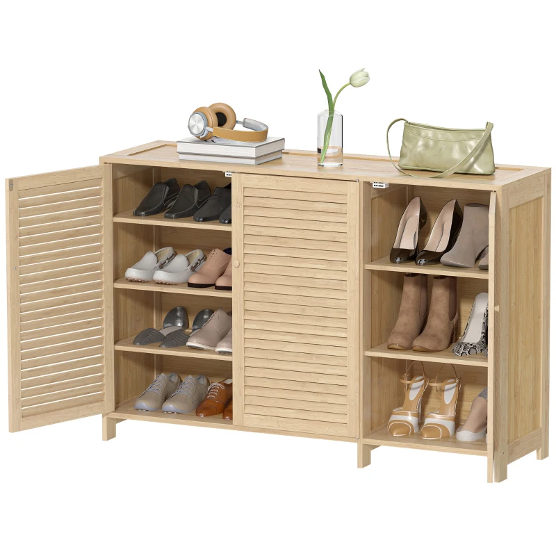 HOMCOM Móvel para sapatos em bambu 18 pares, armário para sapatos com portas venezianas e prateleiras ajustáveis, madeira natural