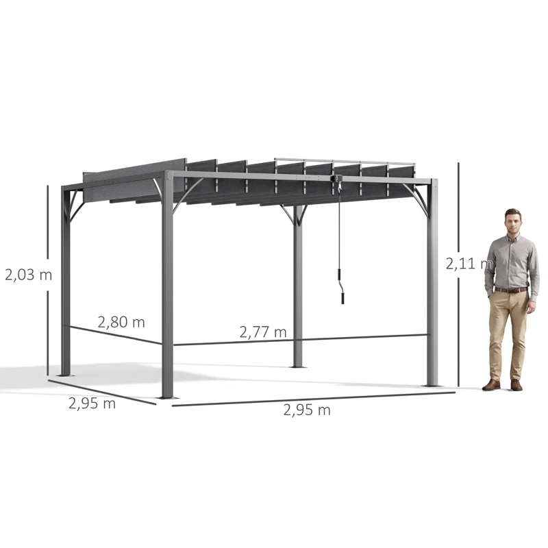 Outsunny Cenador de Jardín 3x3 m con Diseño de Lamas Superior Giratorio hasta 135° Protección UV 50+ y Marco de Aluminio Gris