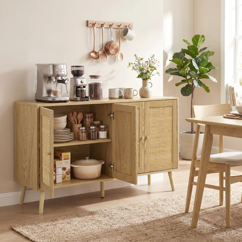 HOMCOM Rotan sideboard met 4 deuren, boho keukenbuffet met 2 verstelbare legplanken, houtlook natuur