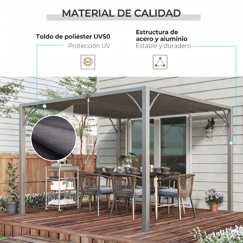 Outsunny Cenador de Jardín 3x3 m con Diseño de Lamas Superior Giratorio hasta 135° Protección UV 50+ y Marco de Aluminio Gris