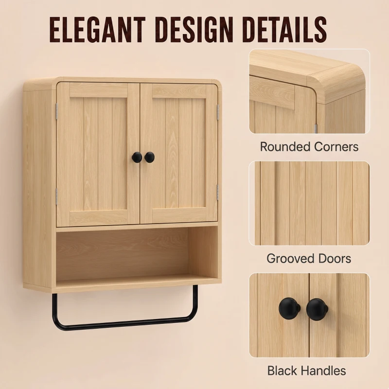HOMCOM Bathroom Cabinet Wall Mounted, Bathroom Wall Cabinet with 2 Doors, Adjustable Shelf Storage for Toilet, Oak