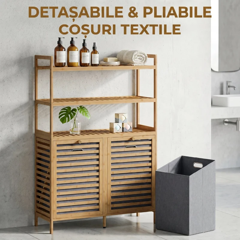 HOMCOM Dulap pentru Rufărie Dublu Rabatabil, Bambus, 2 Coșuri, 3 Rafturi, Culoare Stejar