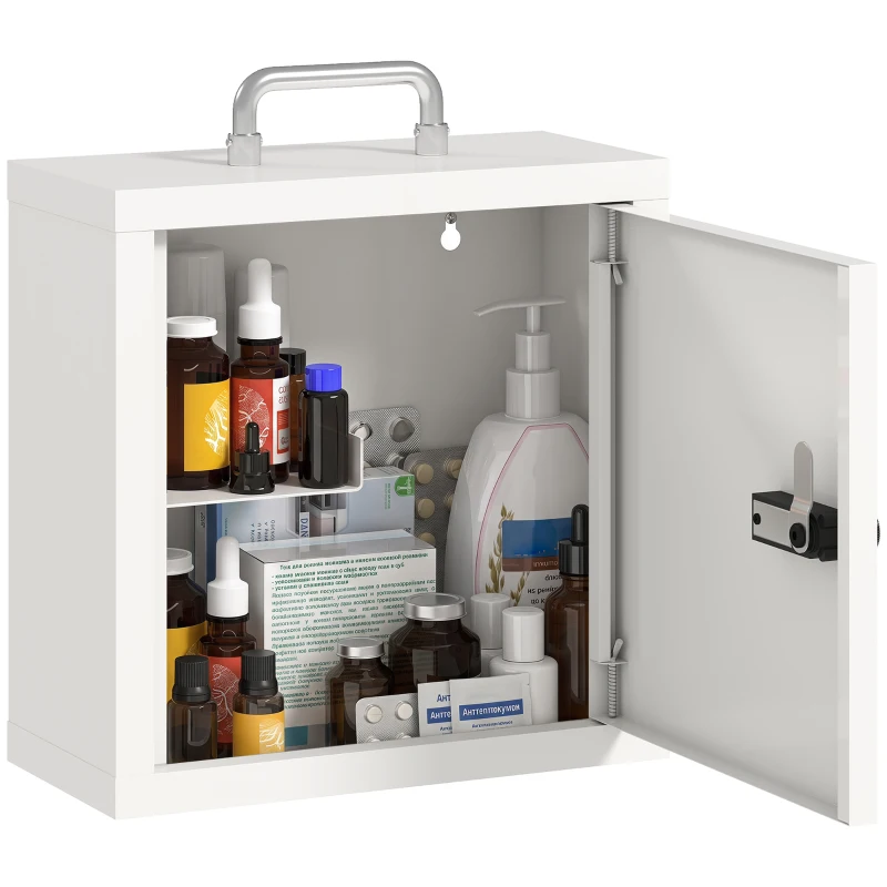 HOMCOM Armoire à médicaments pour fixation murale avec serrure à code, armoire de secours en acier inoxydable à 2 niveaux, Blanc