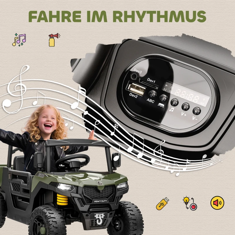 AIYAPLAY Elektrofahrzeug, 2 Motoren, Kofferraum, UTV-Design, Musikfunktion, Grün