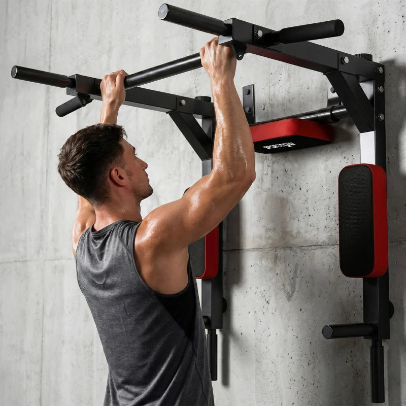SPORTNOW Wand-Klimmzugstange, 2-in-1 Profi-Klimmzug- und Dipstation für das Heimtraining, bis 200 kg, Rot