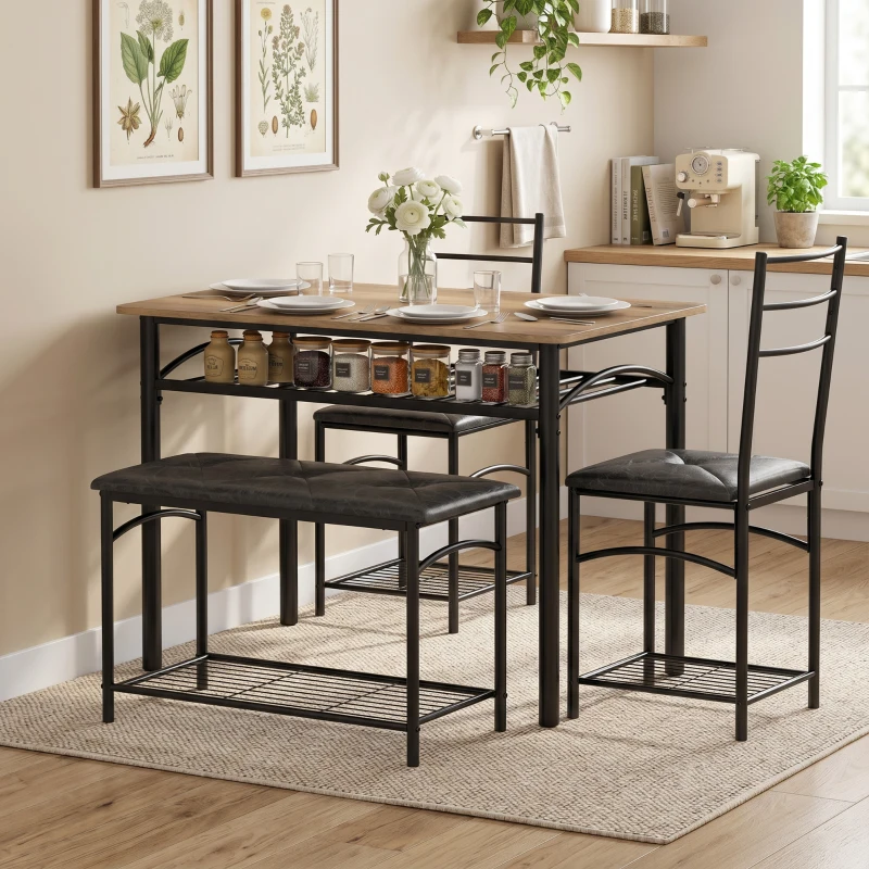 HOMCOM Set de dining 4 piese, masă de bucătărie în stil industrial cu 2 scaune și bancă pentru 4 persoane, scaune tapițate cu piele PU, maro