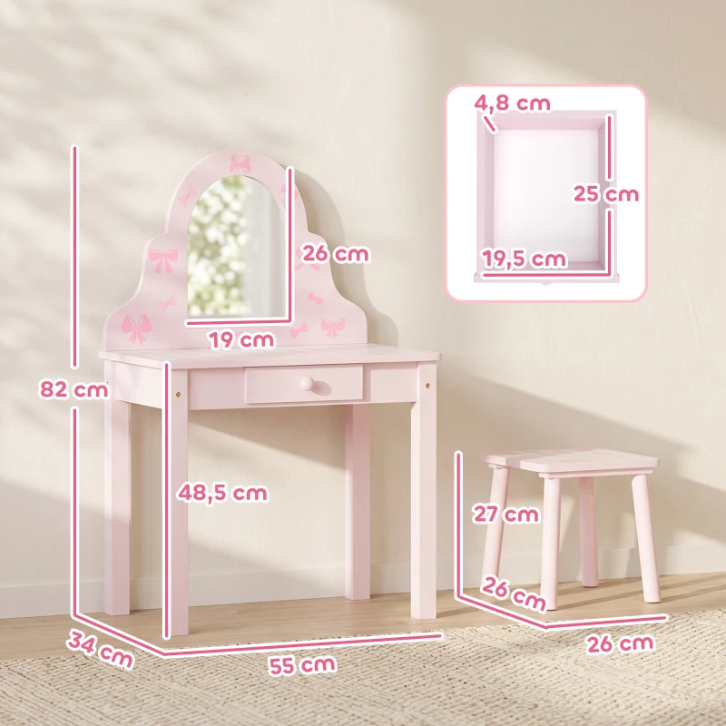 AIYAPLAY Set coiffeuse enfant 2-en-1 coiffeuse bureau avec tabouret miroir amovible tiroir pour filles 3-6 ans Rose