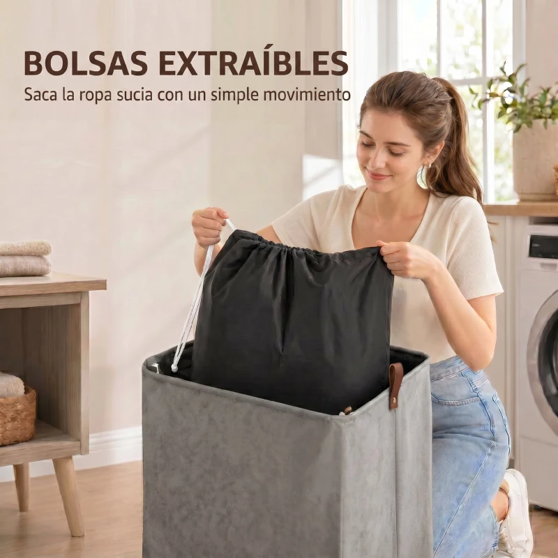 HOMCOM Cesto de Ropa Sucia con Tapa y Ruedas 50L Cesta de Ropa Sucia Plegable con Bolsa con Cordón Extraíble 40x30x65 cm Gris