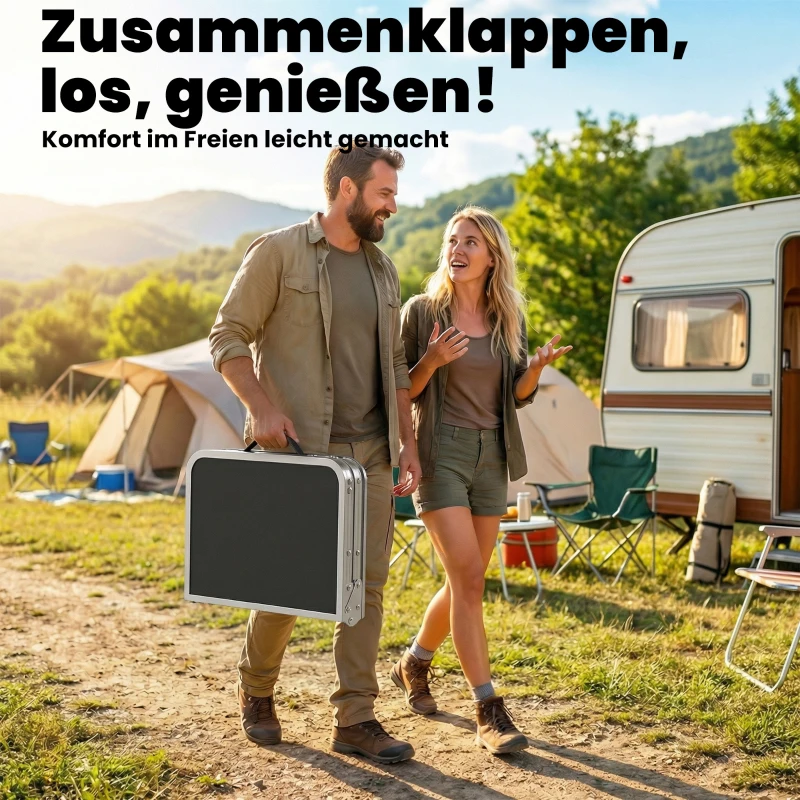 Outsunny Campingtisch Klapptisch mit Netzfach, 4 Höhenverstellungen, Tragegriff Aluminium 60 x 40 x 26-60 cm Schwarz
