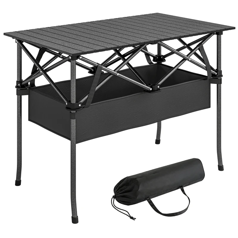 Outsunny Klappbarer Rollbarer Picknicktisch Tragbarer Campingtisch mit Netzablage und Tragetasche für den Außenbereich, Schwarz