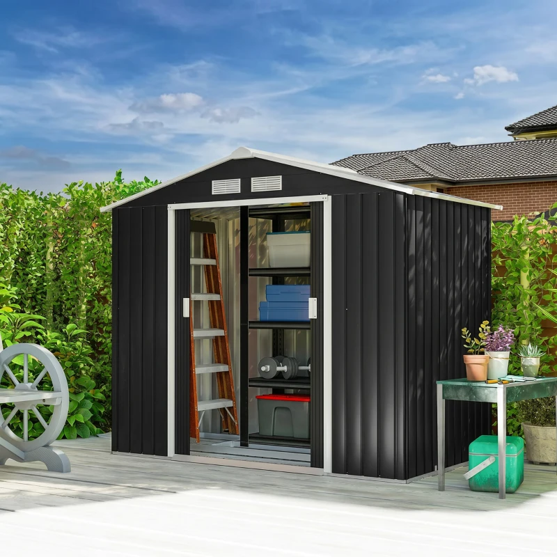 Outsunny 7 x 4ft Weatherproof Shed, Outdoor Bike Storage Shed with Ventilation Slots, Foundation Kit and Lockable Double Doors, Dark Grey