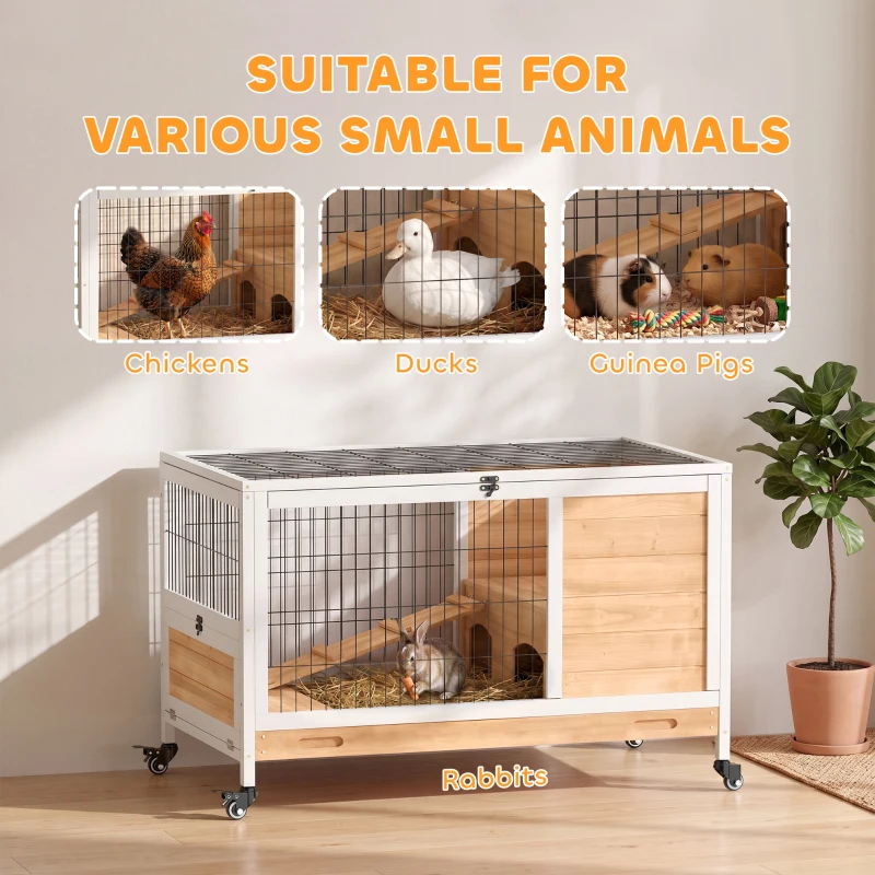 PawHut Wooden Guinea Pig Hutch, 2-Floor Bunny Cage w/ Enclosed Run Area, Yellow