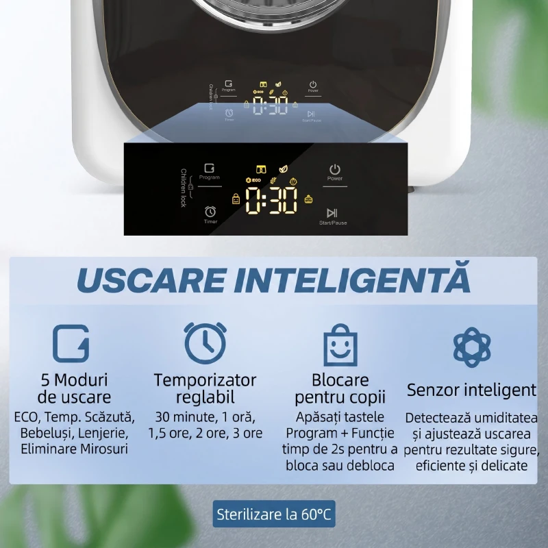 HOMCOM Mini Uscător de Rufe Portabil 4 kg, 5 Programe, 800W, Până la 60℃, Timer, Tambur Oțel Inoxidabil, Casă, Alb