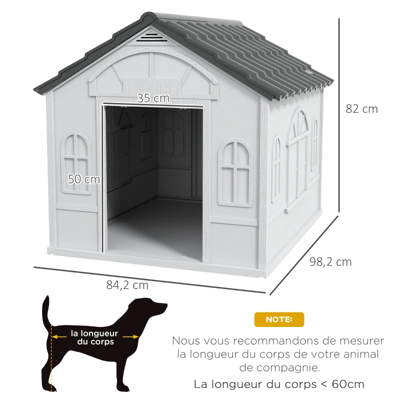 PawHut Niche pour Chien Extérieur avec Toit en Pente et Porte Avant Ouverte, pour Chiens Moyens et Grands, 84,2x98,2x82cm, Gris