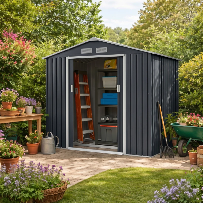Outsunny 7 x 4ft Weatherproof Shed, Outdoor Bike Storage Shed with Ventilation Slots, Foundation Kit and Lockable Double Doors, Dark Grey