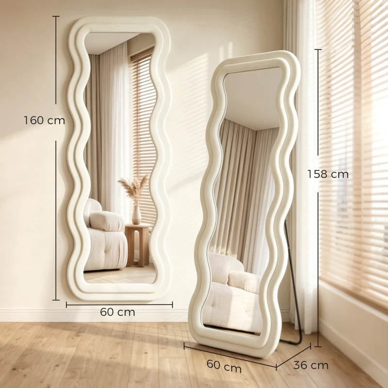 HOMCOM Espejo de Cuerpo Entero 160x60 cm Marco Ondulado Aterciopelado Independiente Apoyado y de Pared Crema