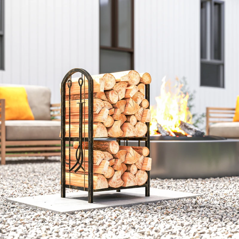 Outsunny Estante de Leña de Metal de 2 Niveles con 4 Herramientas para Chimenea y Ganchos 43x30x74 cm Marrón Oscuro