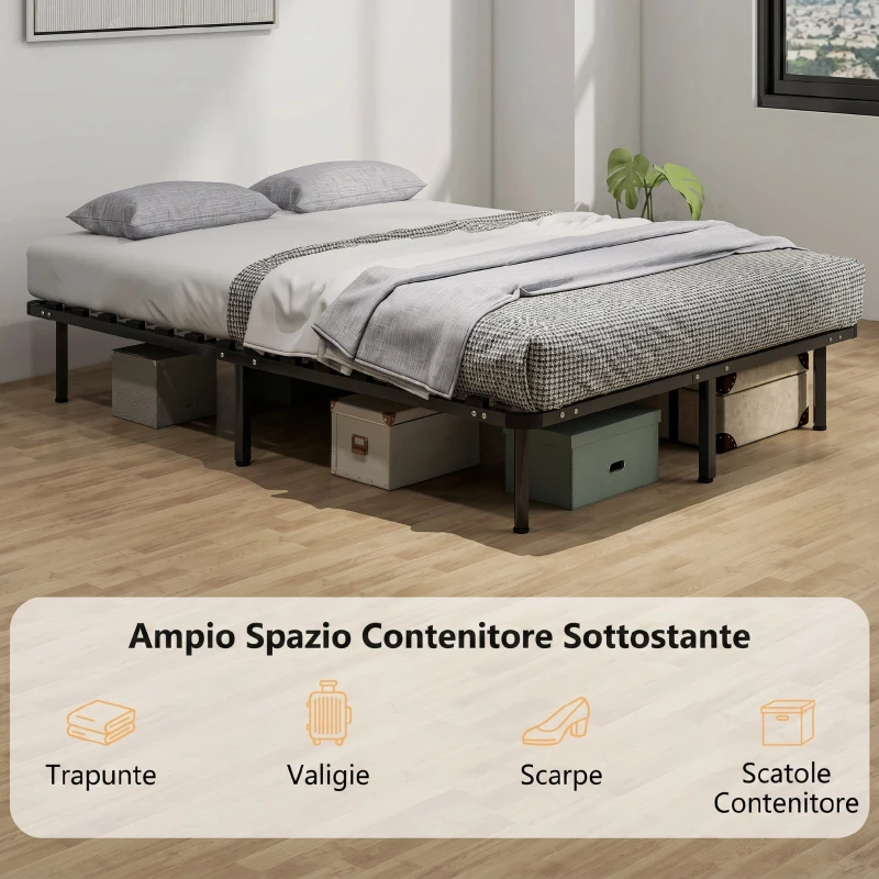 HOMCOM Letto Matrimoniale Industriale a 28 Doghe con Spazio Contenitore, in Legno e Acciaio, 190x140x31 cm, Nero e Legno