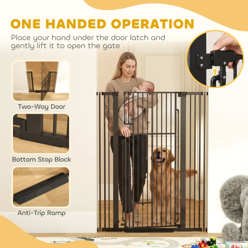 PawHut 135cm Tall Pet Gate with Cat Door, 81-108 cm Wide Adjustable Pressure Mounted for Doorways, Hallways, No Drilling, Black